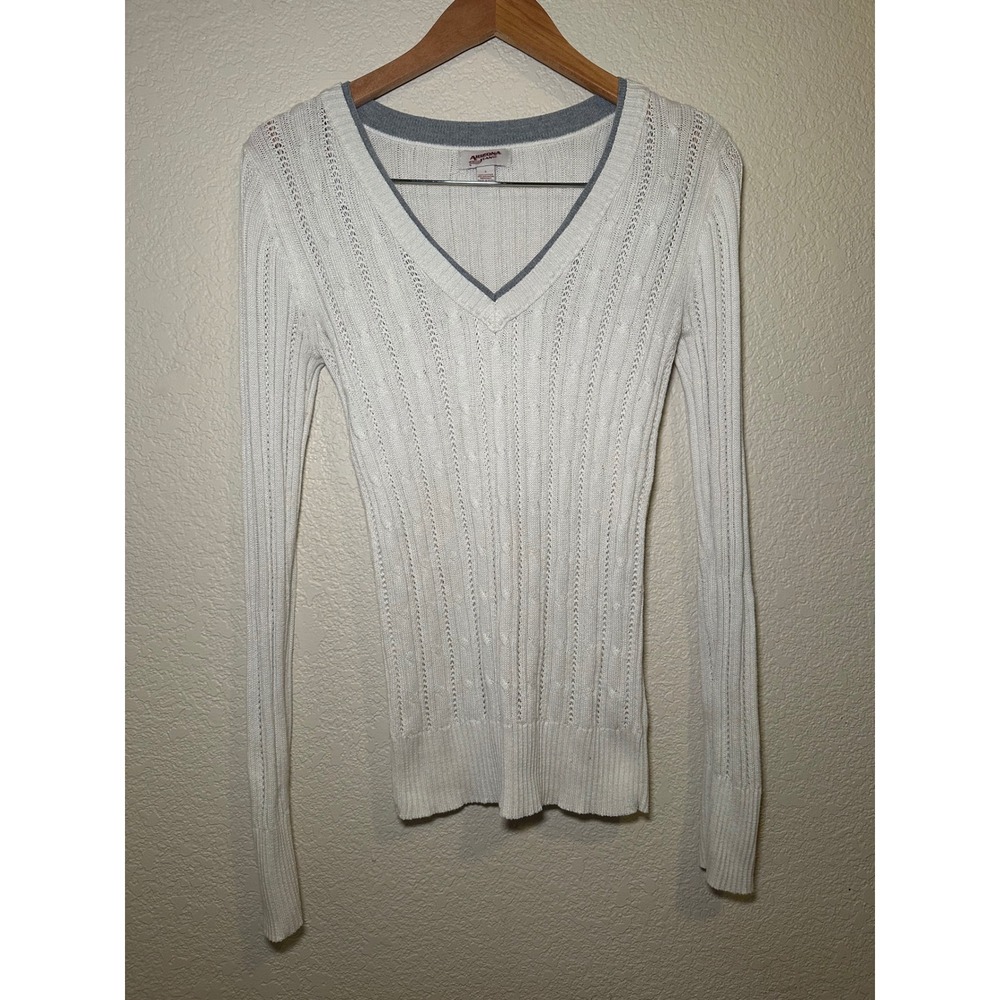 Arizona Jeans Women L Sweater White V Neck Cotton Blend Ribbed Fitted Preppy Y2K